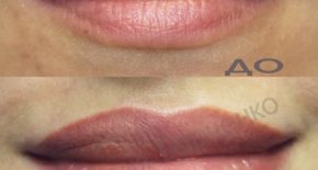 Темно-коралловый перманентный макияж губ с растушевкой